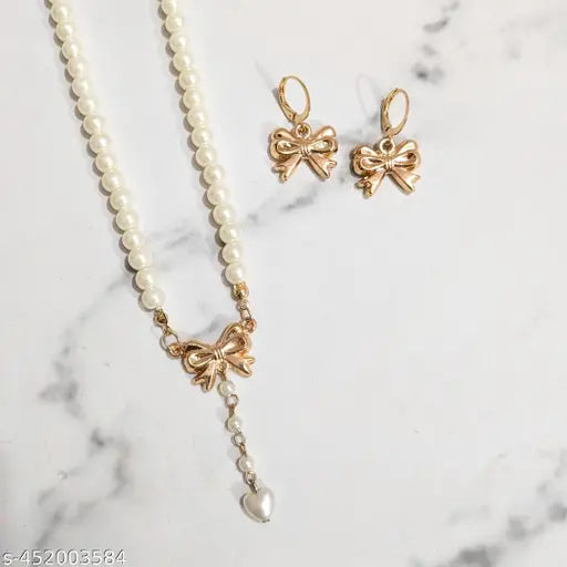 BOW PEARL DROP NECKLACE EARRINGS SET