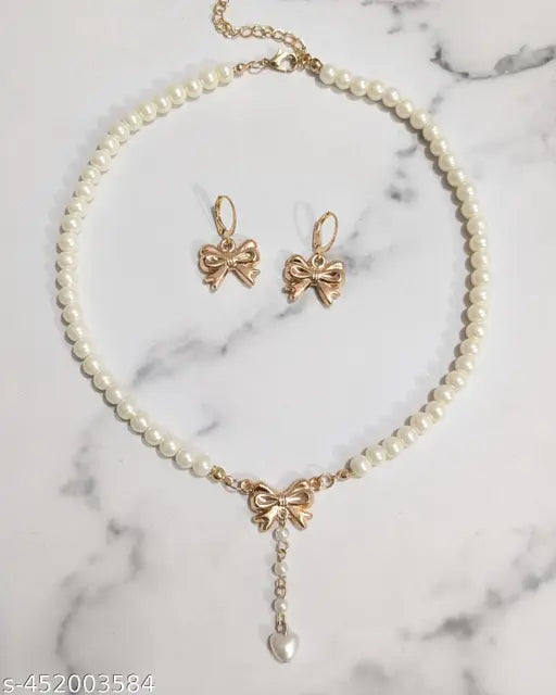 BOW PEARL DROP NECKLACE EARRINGS SET