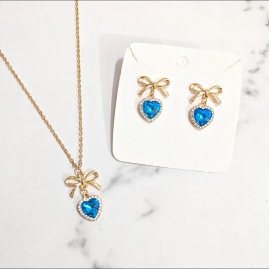 Crystal Heart & Bow Charm Necklace and Earring Set