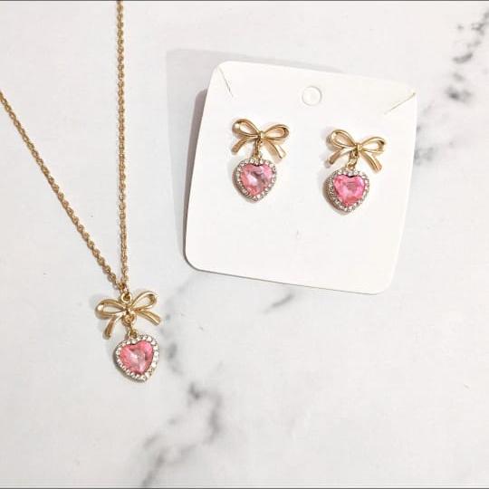 Crystal Heart & Bow Charm Necklace and Earring Set