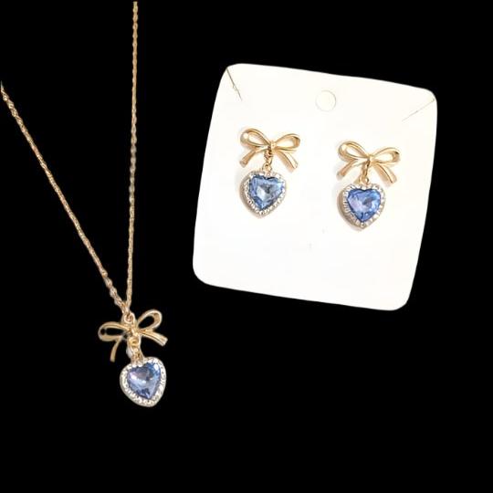 Crystal Heart & Bow Charm Necklace and Earring Set